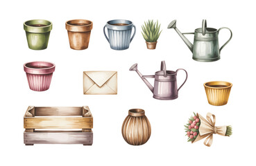 Garden collection with colorful pots, watering cans, bouquet, and rustic accessories. Watercolor floral and gardening elements.