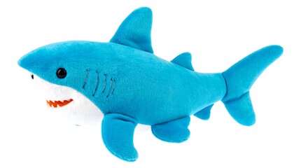 Blue plush shark toy against white background