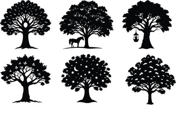 Fototapeta premium Vector art of set of six unique tree silhouettes, featuring playful elements like swings and a horse