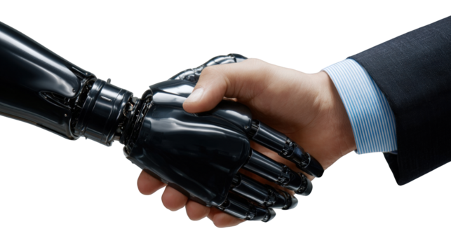 Businessman shaking hands with a glossy black robotic arm symbolizing future collaboration. - Powered by Adobe
