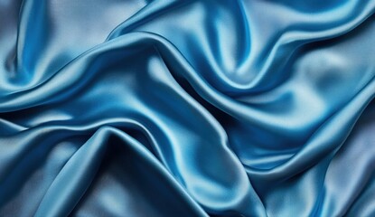 Fototapeta premium Abstract blue silk background with waves of fabric, dark background, minimalist wallpaper for design presentation or web banner, luxury and fashion concept.
