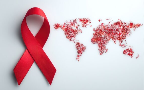 Vibrant red ribbon, an emblem for global HIV AIDS awareness, supporting healthy aging, symbolizing international solidarity and a day of important health understanding.