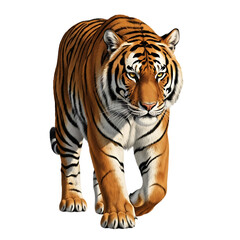 Obraz premium A majestic tiger with striking orange and black stripes walks forward, isolated on a transparent background, showcasing its powerful and fierce presence in a wildlife portrait