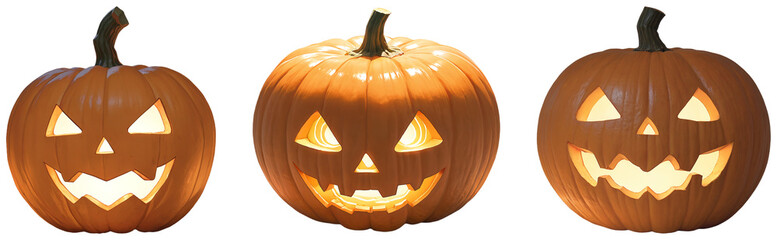 Set of Jack o Lanterns with Carved Faces for Halloween Decorations on a transparent background