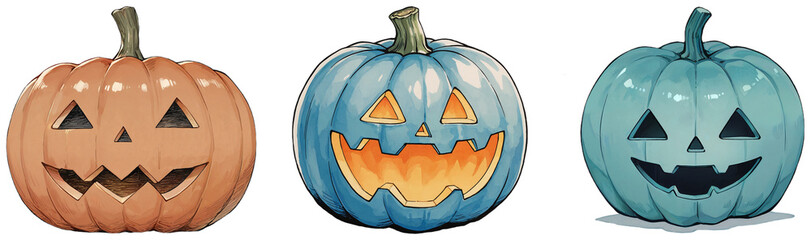 Drawings of Spooky Halloween Pumpkins: Classic Orange, Vibrant Blue, and Unique Teal Variants on a transparent background