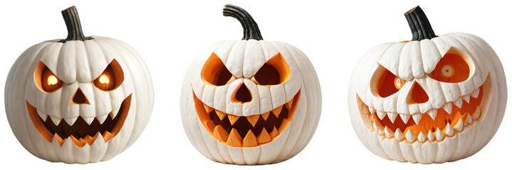 Collection of White Scary Halloween Jack o Lanterns with Various Carved Faces on a transparent background