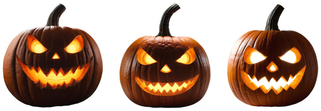 Set of Jack o Lanterns with Glowing Carved Faces for Halloween Decorations on a transparent background