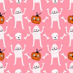 Autumn harvest vegetable seamless monster Halloween pumpkins pattern for wrapping paper and fabrics