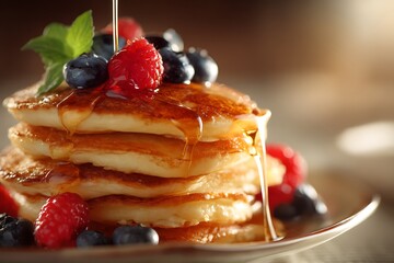 Stack of Pancakes with Syrup and Berries: Capturing the appetizing allure of a breakfast classic, a tall stack of fluffy pancakes is drenched in golden syrup, and adorned with ripe blueberries.