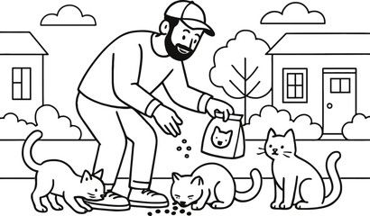 Man feeding stray cats on the street with a bag of food