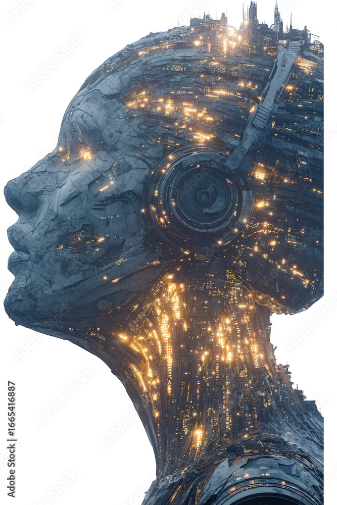Poster profile of a futuristic android head constructed from a glowing complex megacity.