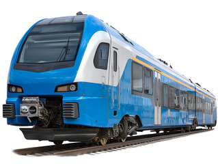Naklejka premium Modern Blue Electric Train on Railway Tracks - Transportation Stock Photo