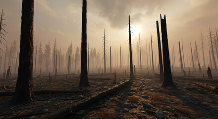 Scorched forest landscape with dead trees and dramatic sunset light