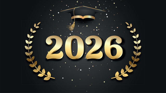 Vector illustration. Class of 2026 badge design template in black and gold colors. Congratulations graduates 2026 banner sticker card with academic hat for high school or college graduation