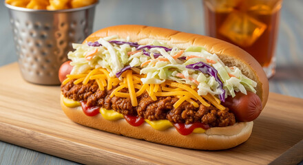 Classic american hot dog with fries. Created using generative AI tools