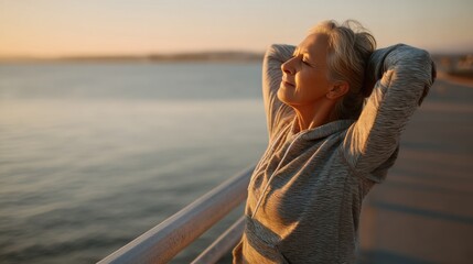 Senior woman enjoying sunrise at lakeside promenade, wellness and relaxation outdoors