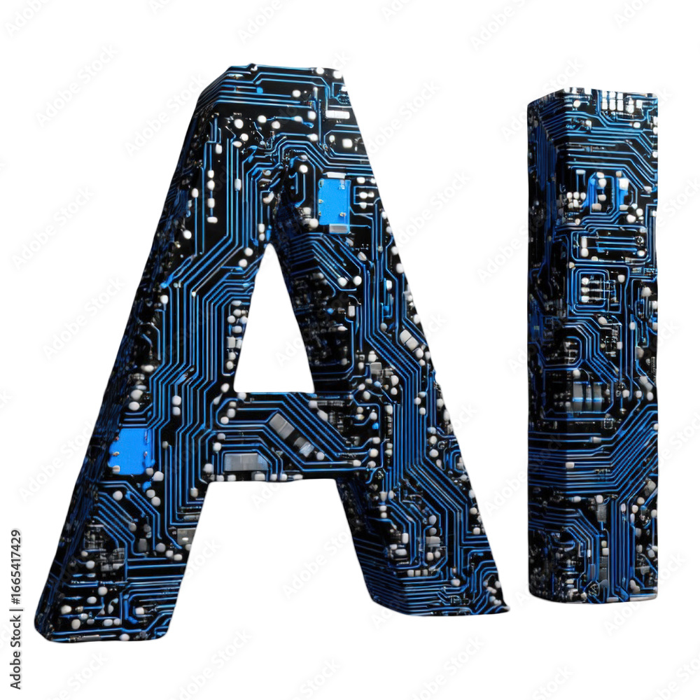 Aufkleber 3d ai letters featuring a complex blue and black circuit board texture with microchips.