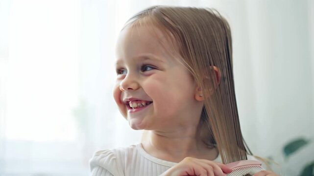 positive cheerful little girl combing her hair