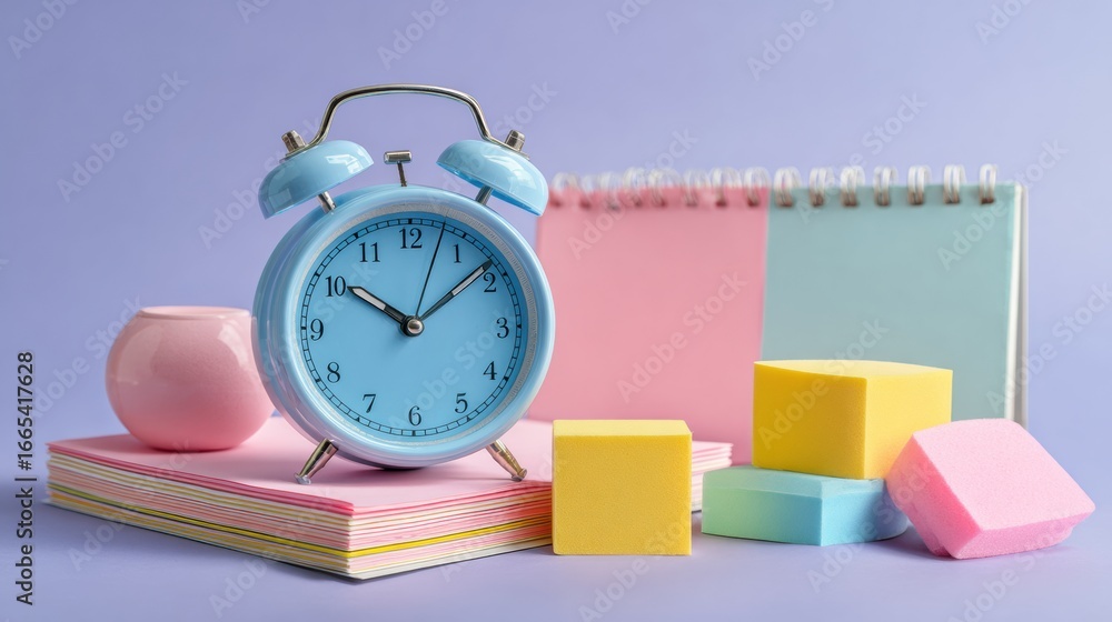 Poster bright workspace with pastel stationery and alarm clock creating an organized study environment for 