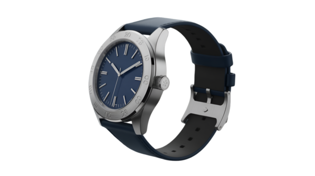 Modern blue leather wristwatch with a sporty design isolated on transparent background