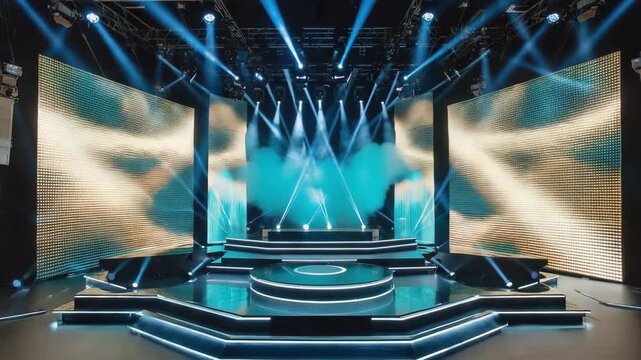 Empty stage glowing with blue lights and smoke is ready for a show, concert, or tv broadcast, featuring a modern design with led screens and neon lights