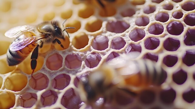 Honey Bees on Honeycomb Close Up Macro Photography