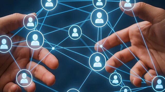 Hands connecting a digital social network