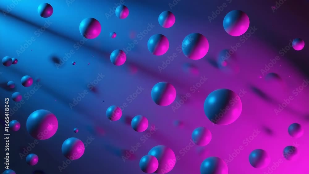 Poster numerous spheres float in a neon-lit space, creating a vibrant and abstract scene with a gradient ba