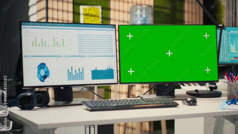 Poster high end empty office displaying chroma key on pc monitor at desk, space prepared for professional a