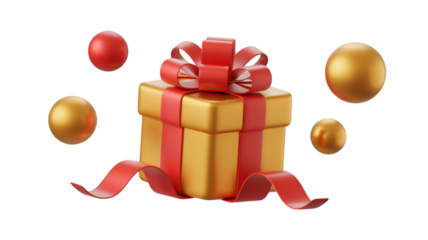Golden gift box with red ribbon and floating spheres isolated on transparent background