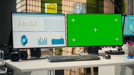 High end empty office displaying chroma key on pc monitor at desk, space prepared for professional...