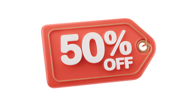 Red tag with a fifty percent off discount isolated on transparent background