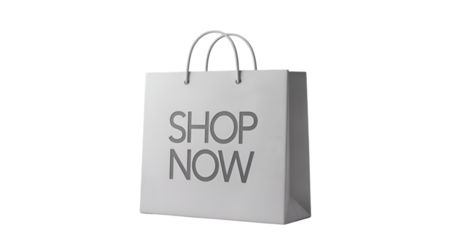 White shopping bag with the words shop now isolated on transparent background