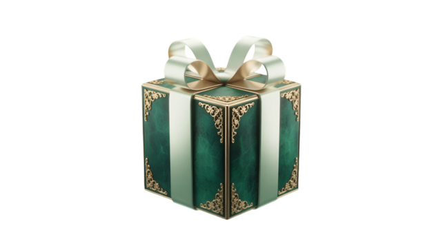 Elegant green and gold gift box with white ribbon isolated on transparent background