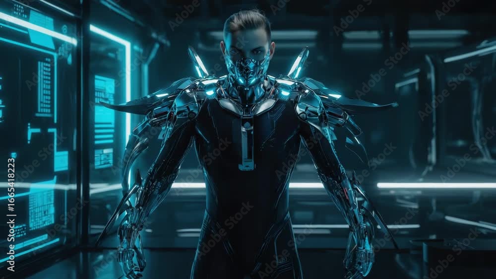 Poster powerful cyborg with robotic arms and a glowing face mask stands confidently in a dark, high-tech en