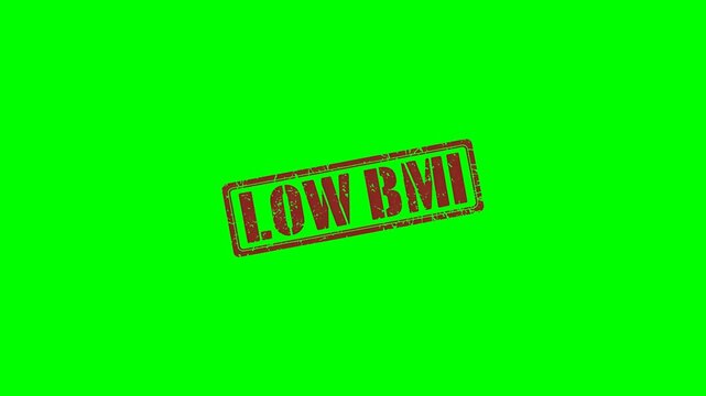 Low BMI: animated rubber stamp seal label on a green screen background for health awareness, underweight monitoring, and body mass index classification