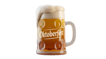 Oktoberfest beer mug with overflowing foam isolated on transparent background