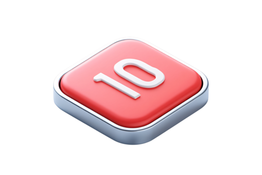 Red rounded square icon with white number ten on a transparent background isolated on transparent background