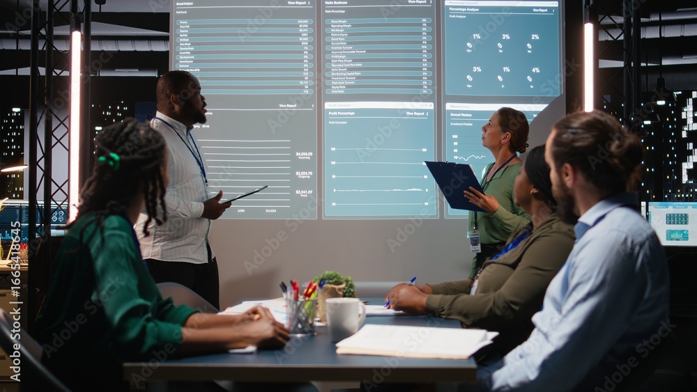 Poster diverse business associates reviewing performance metrics data within the multinational company. con