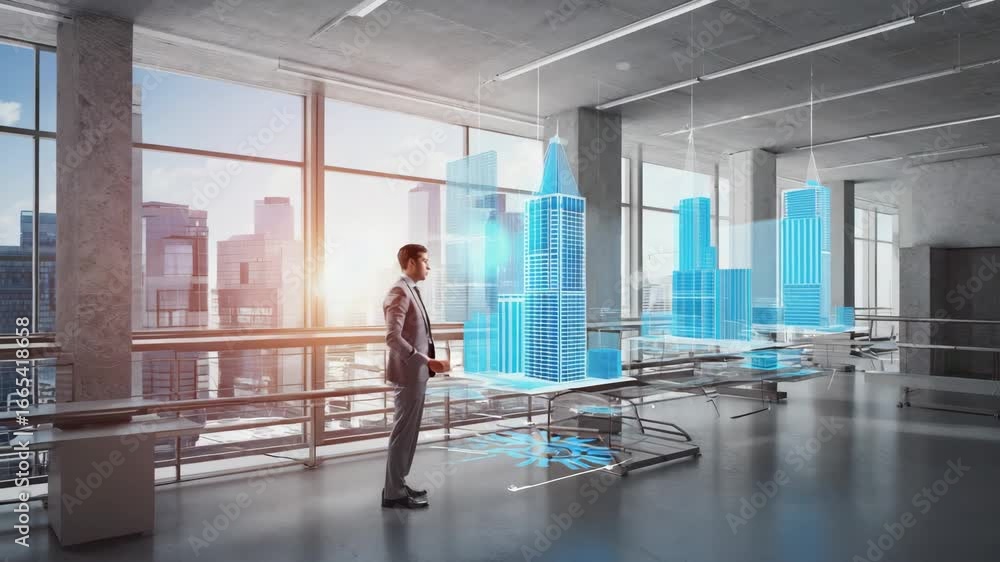 Poster Architect is designing futuristic buildings using innovative hologram technology projected on a desk in a modern office with a city view