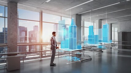 Architect is designing futuristic buildings using innovative hologram technology projected on a desk in a modern office with a city view - Powered by Adobe