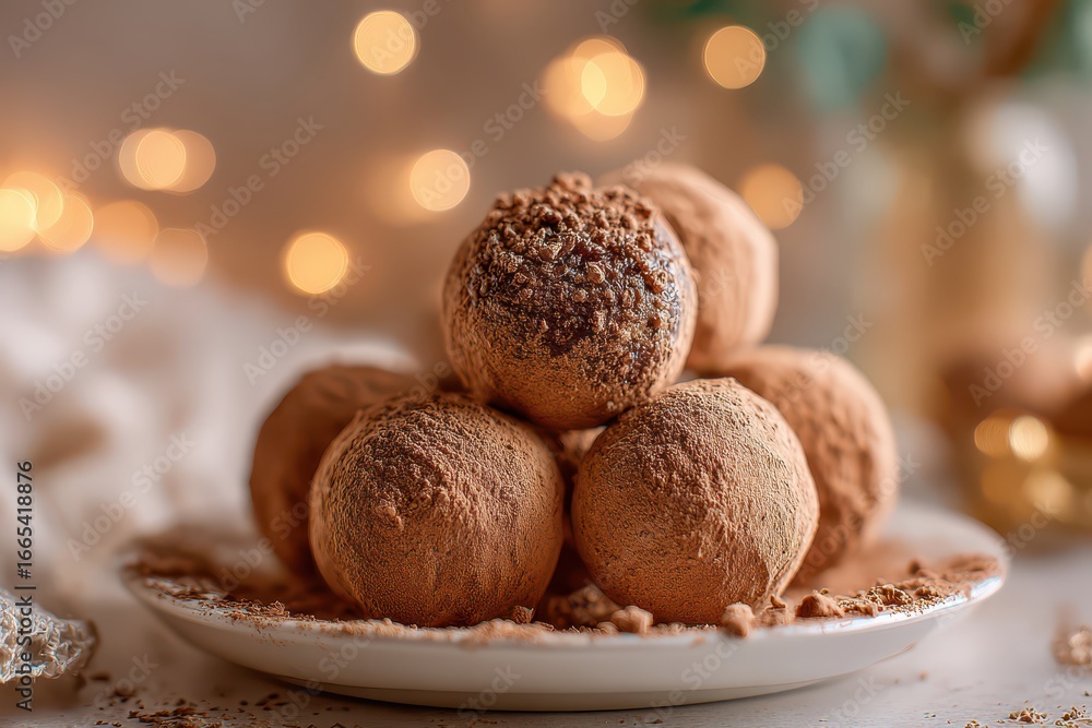 Poster elegant chocolate truffles dusted with cocoa powder, arranged artfully on a white plate, creating a 
