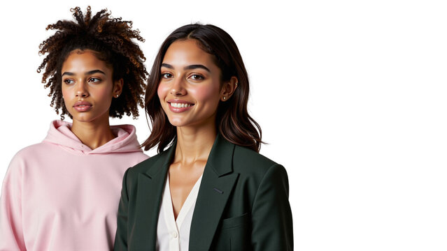 Two young women posing together with confident expressions in casual and formal attire  