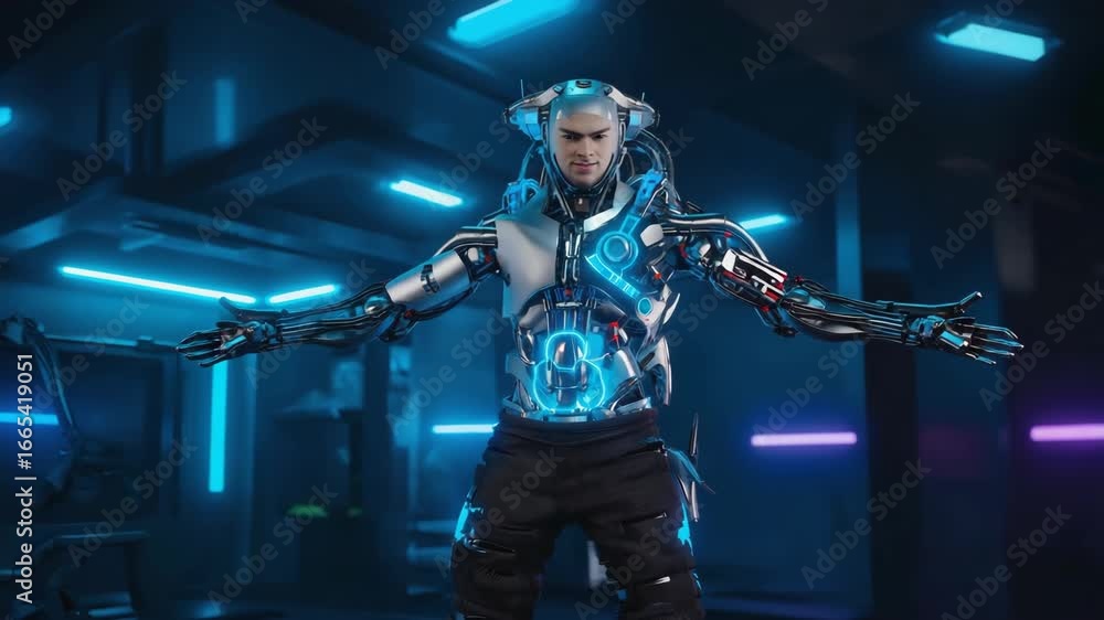 Poster advanced humanoid robot with glowing blue and white components stands confidently in a dark laborato