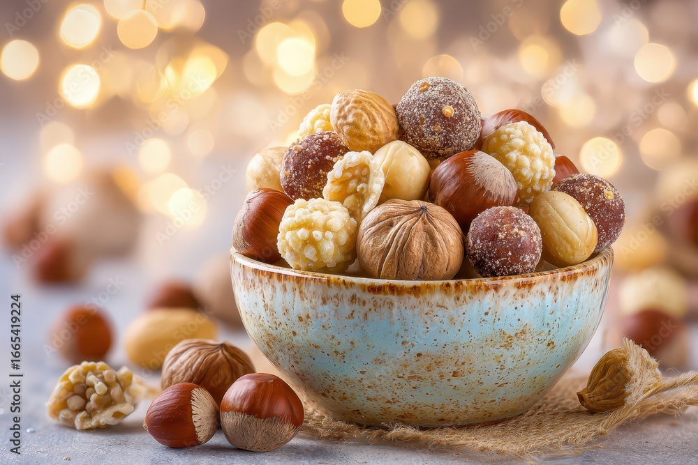 Aufkleber assorted nuts and nut-based sweets arranged in a rustic bowl, illuminated by warm bokeh lights creat