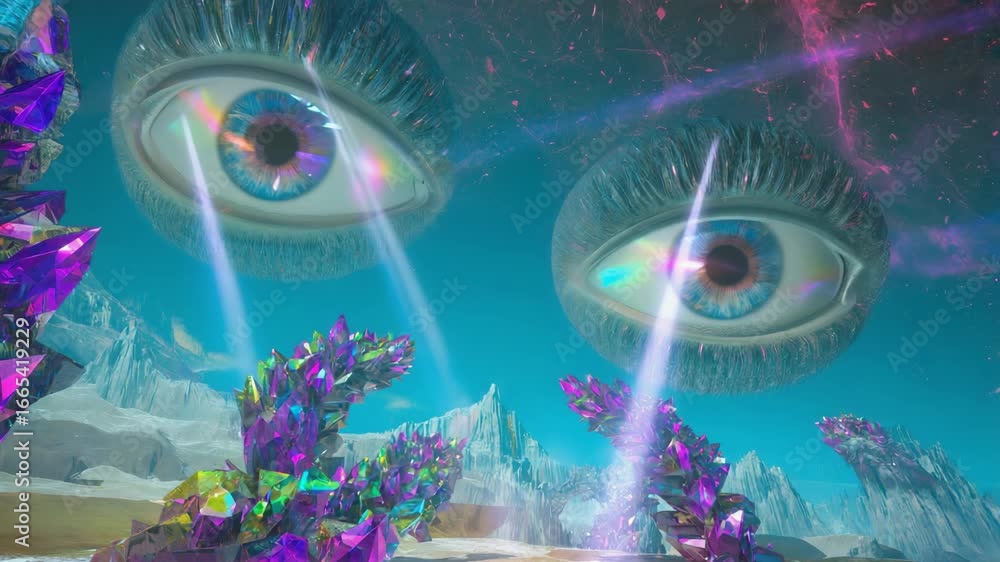 Poster two large eyes with eyelashes are hovering in the sky and emitting light beams towards iridescent cr
