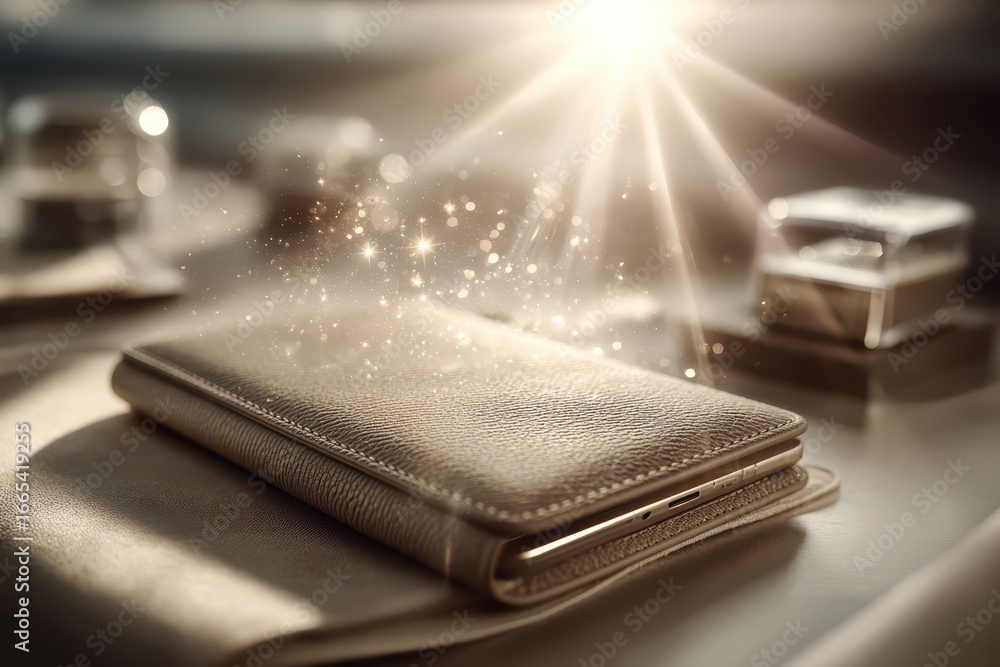 Poster a luxurious leather-bound smartphone with radiant light and sparkling particles, creating a magical 