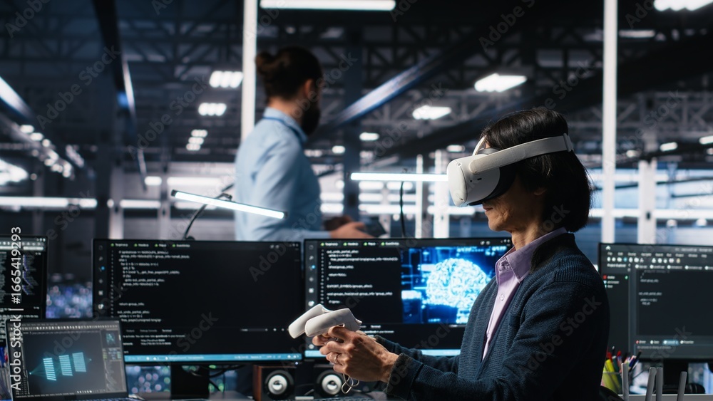 Poster data center engineer using virtual reality, managing ai systems for uptime and efficiency. it employ
