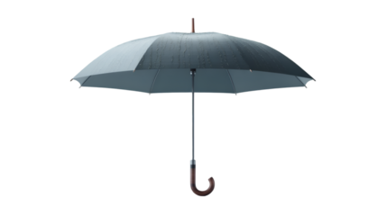 Open gray umbrella with a wooden handle isolated on transparent background