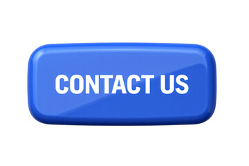 Blue glossy rectangular button with white text contact us isolated on transparent background